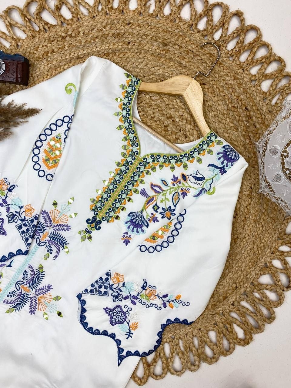 Boho Ethnic Fusion Floral Embroidered Scalloped Kaftan Kurti