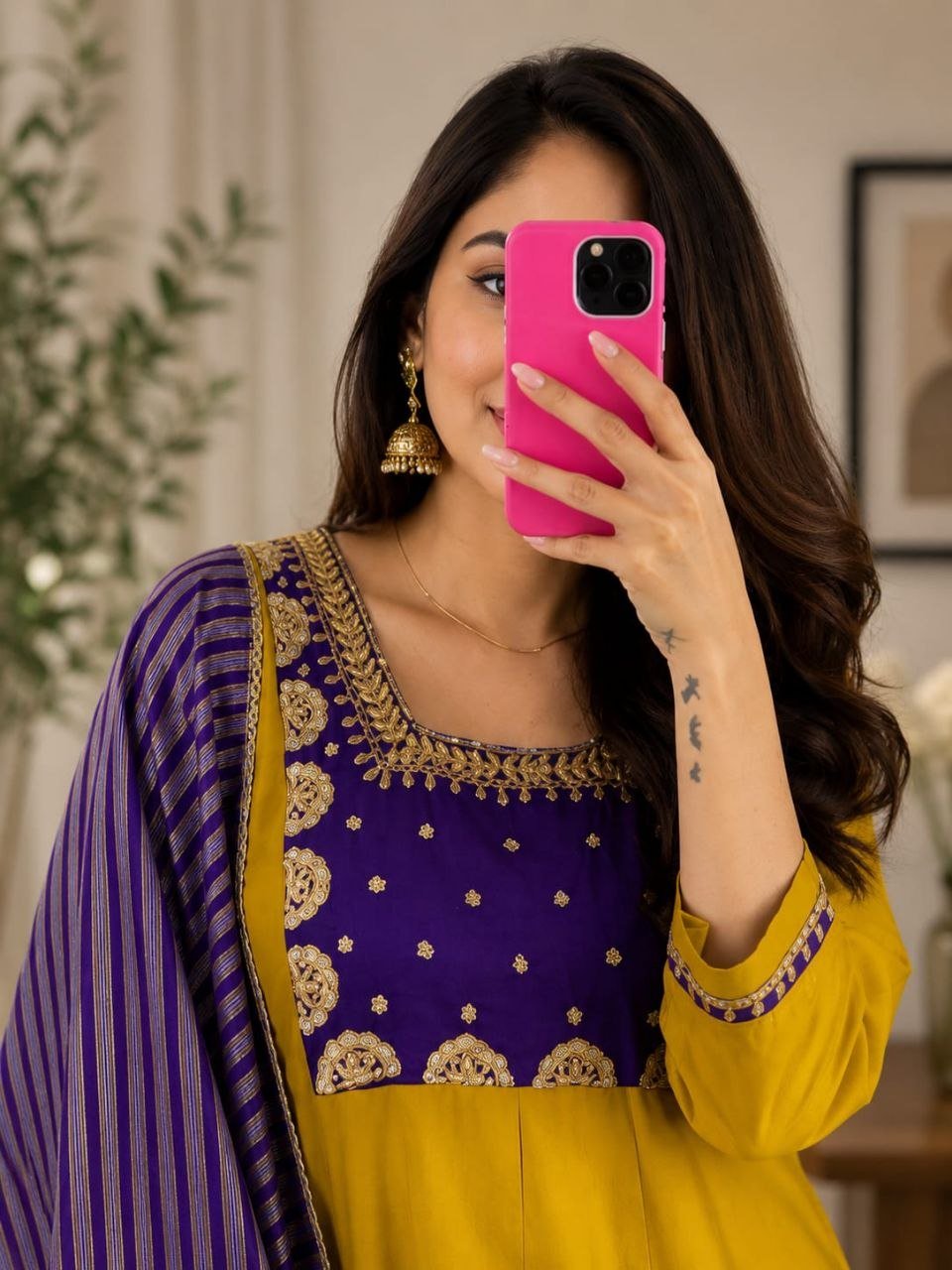 Embroidered Peacock Motif Anarkali Suit with Mirror Work Dupatta