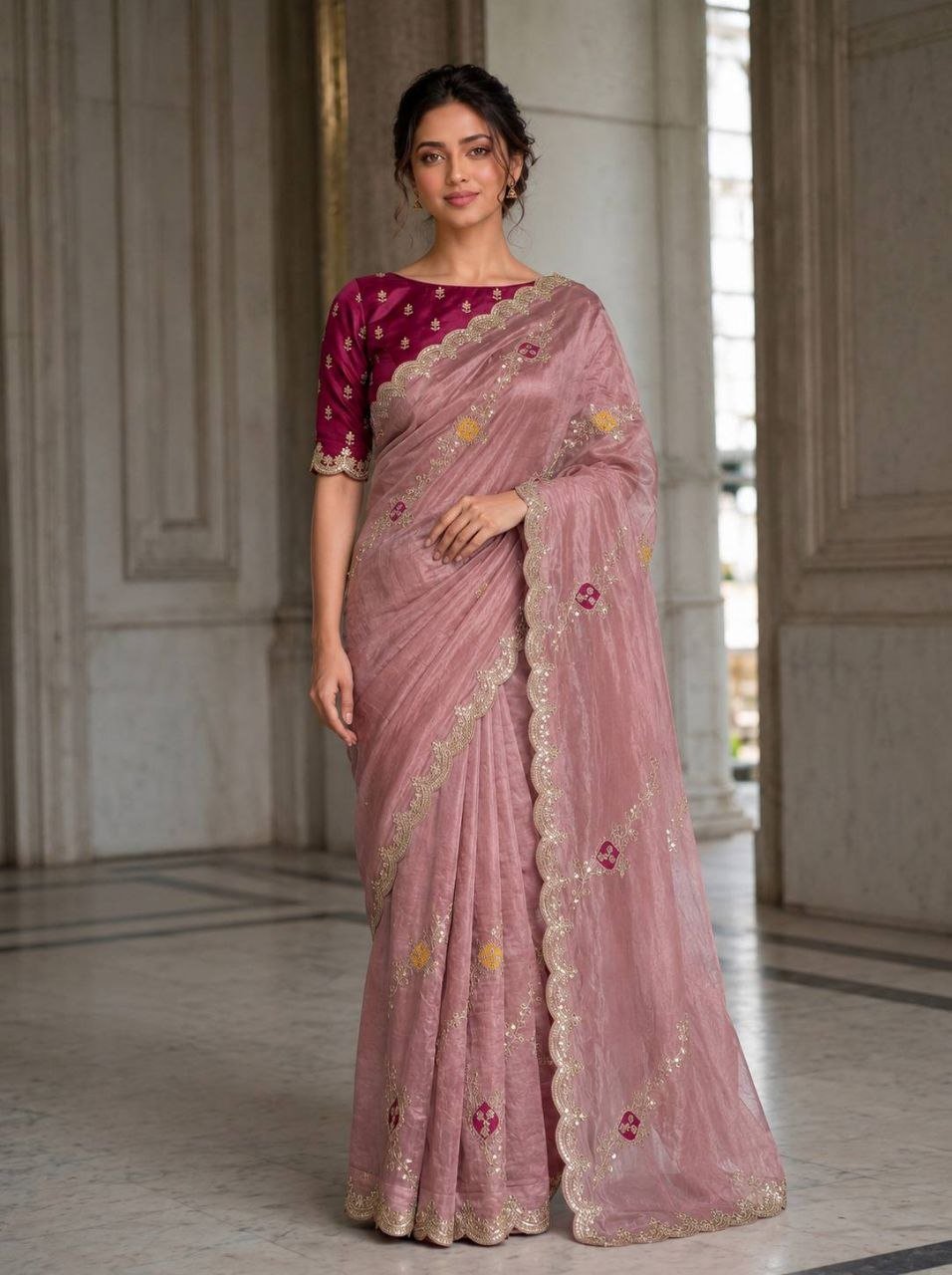 Scalloped Embroidered Tissue Silk Saree with Contrasting Blouse Unveiling Timeless Splendor