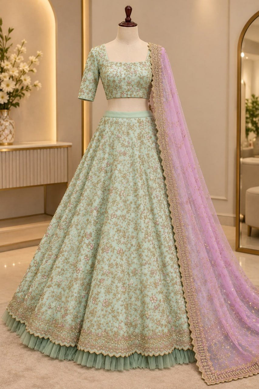 Delicate Floral Embroidered Lehenga Choli with Embroidered Cutwork Border Dupatta - Surat Wholesale Ethnic Wear (Photo 4)