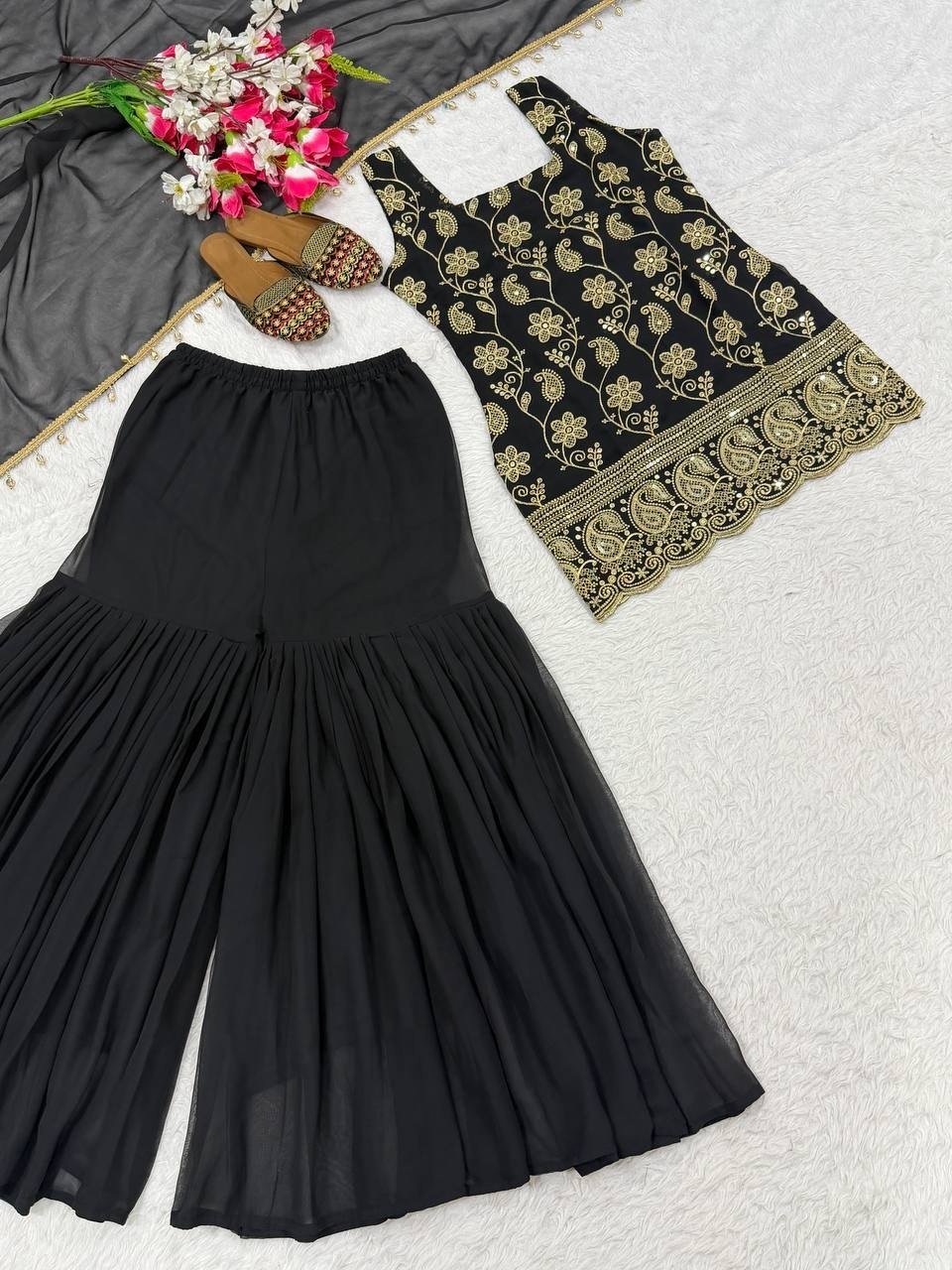 Regal Embroidered Palazzo Ensemble With Flowing Dupatta