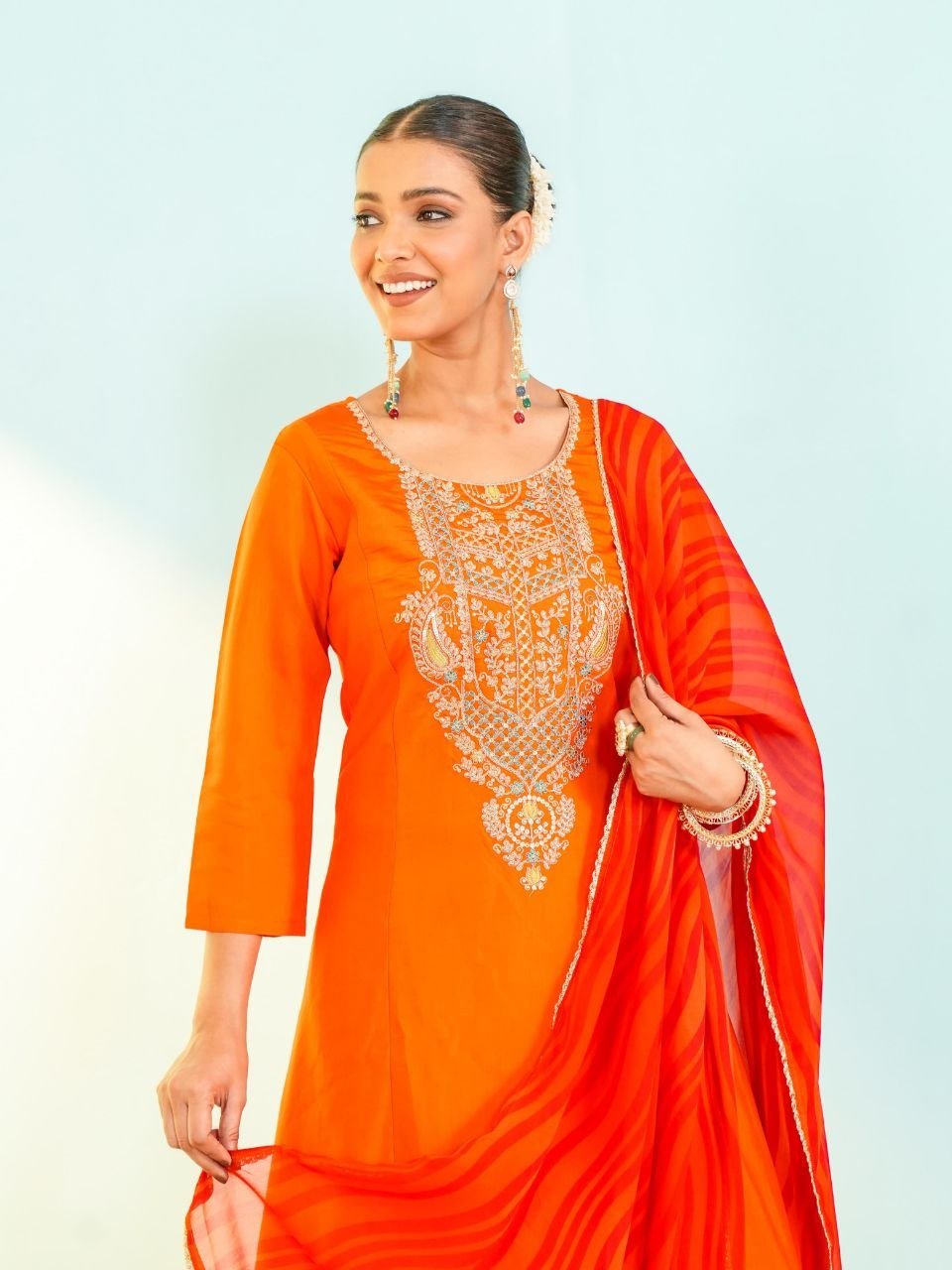 Festive Embroidered Anarkali Suit with Striped Dupatta