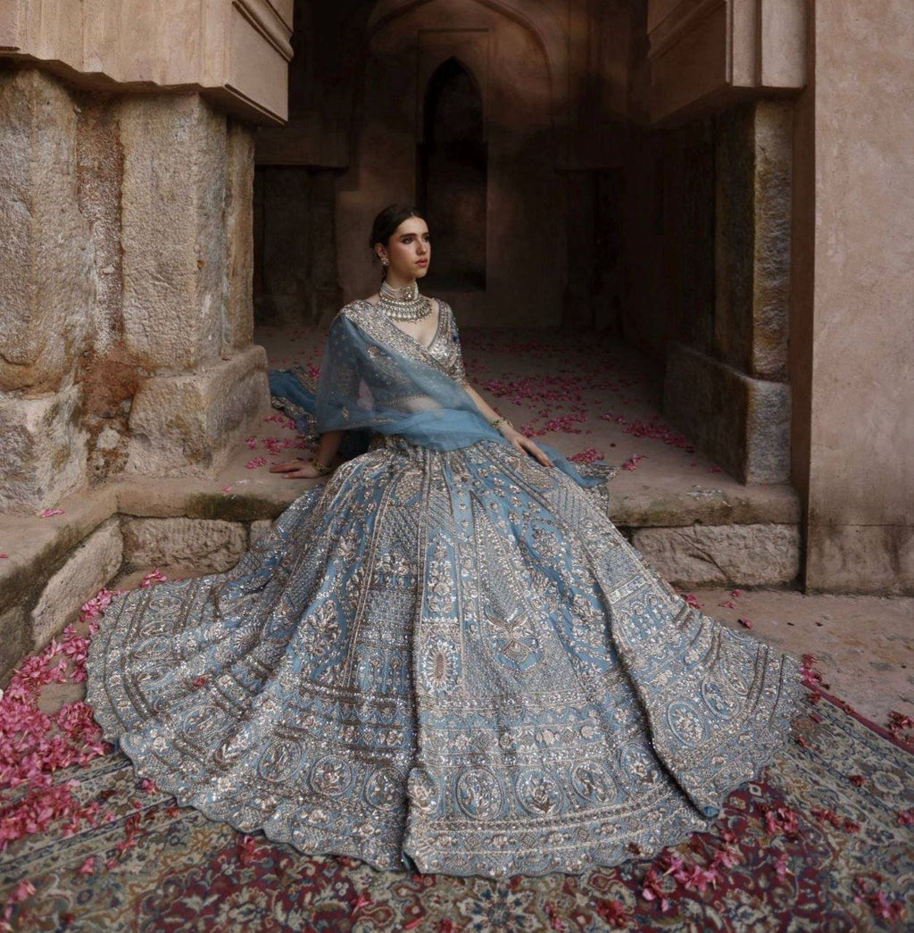 Sequined Heavy Embroidered Bridal Lehenga Set with Sheer Dupatta