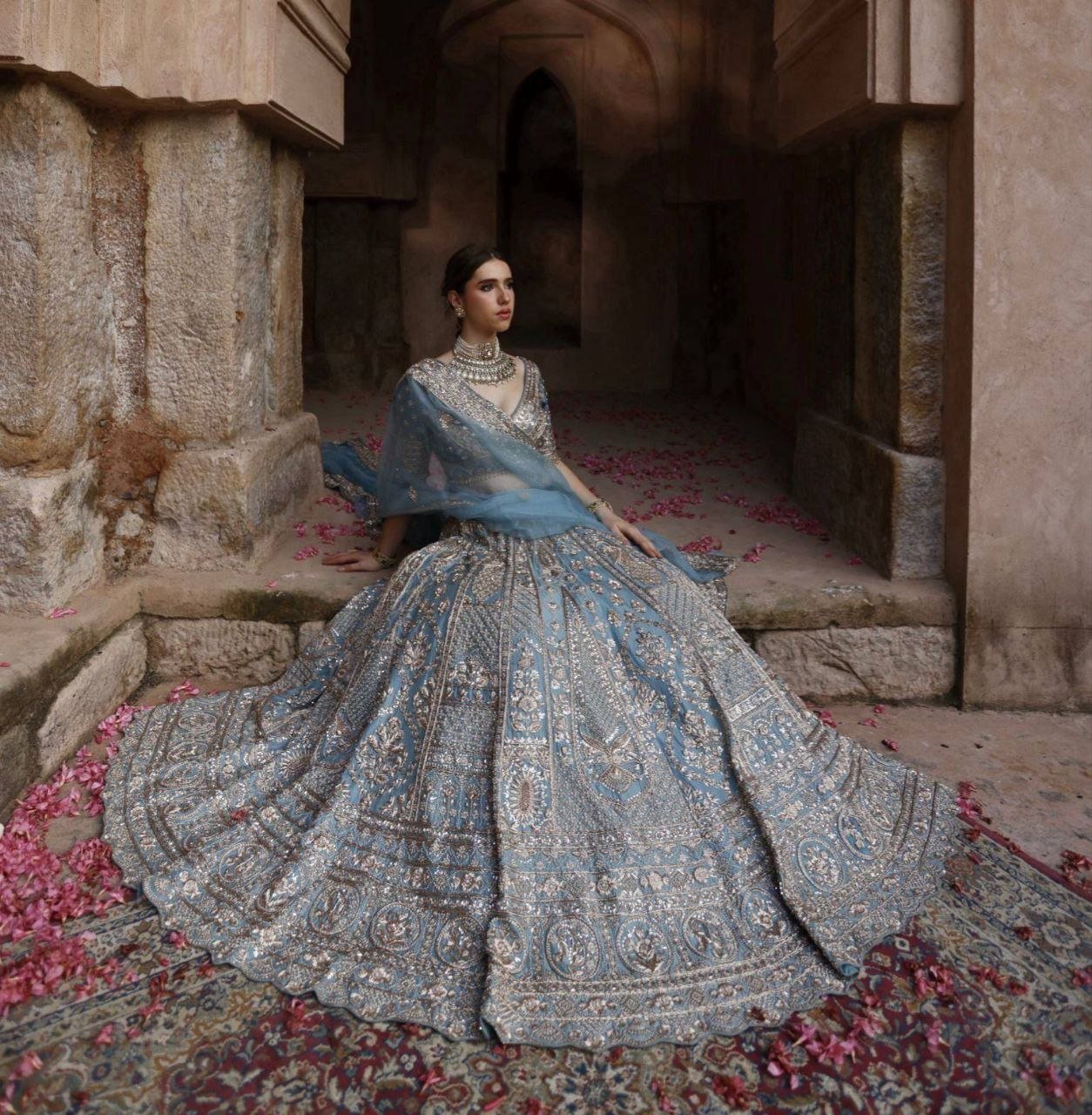 Sequined Heavy Embroidered Bridal Lehenga Set with Sheer Dupatta