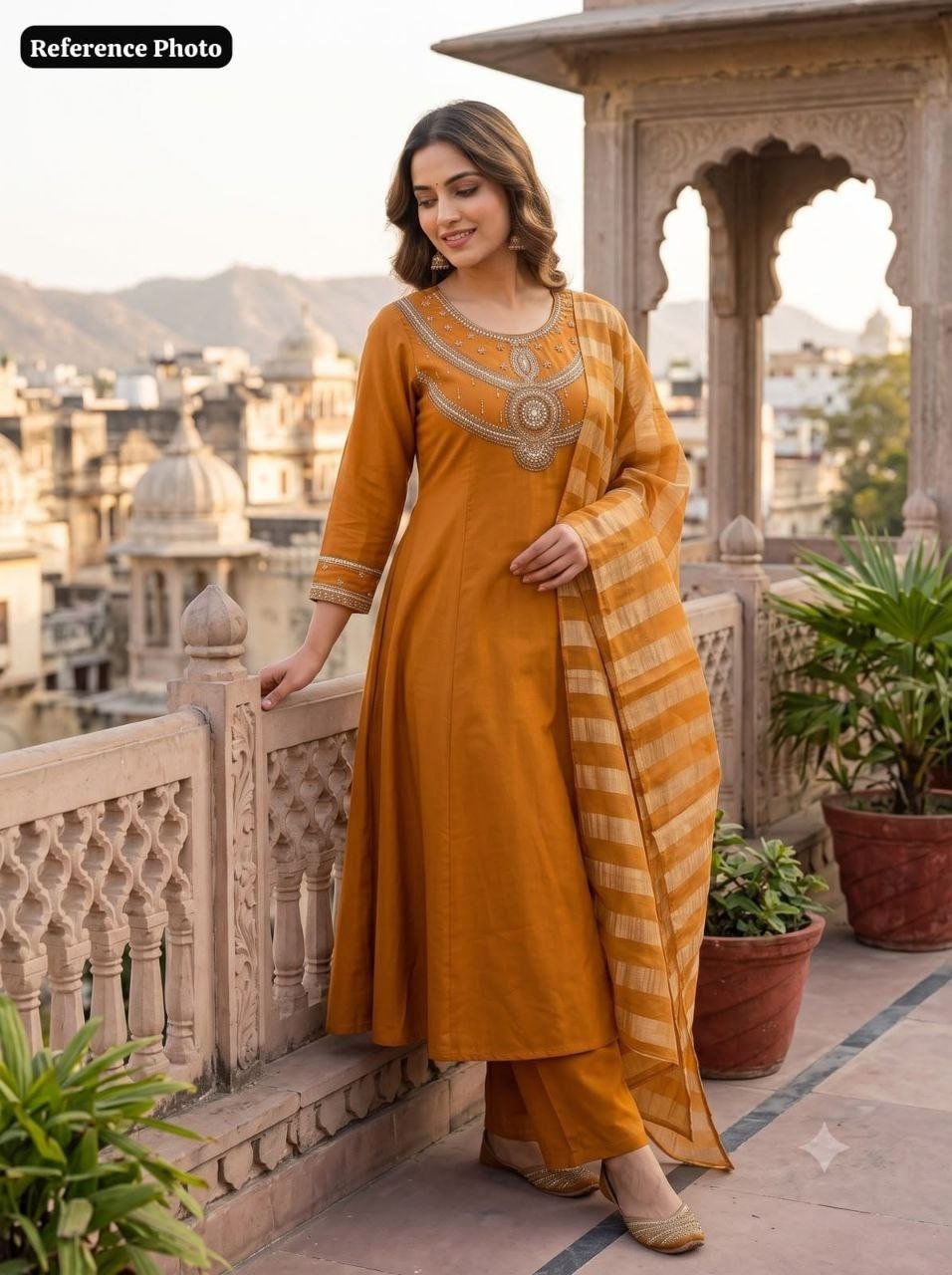 Hand-Embellished Anarkali Suit Set with Striped Dupatta