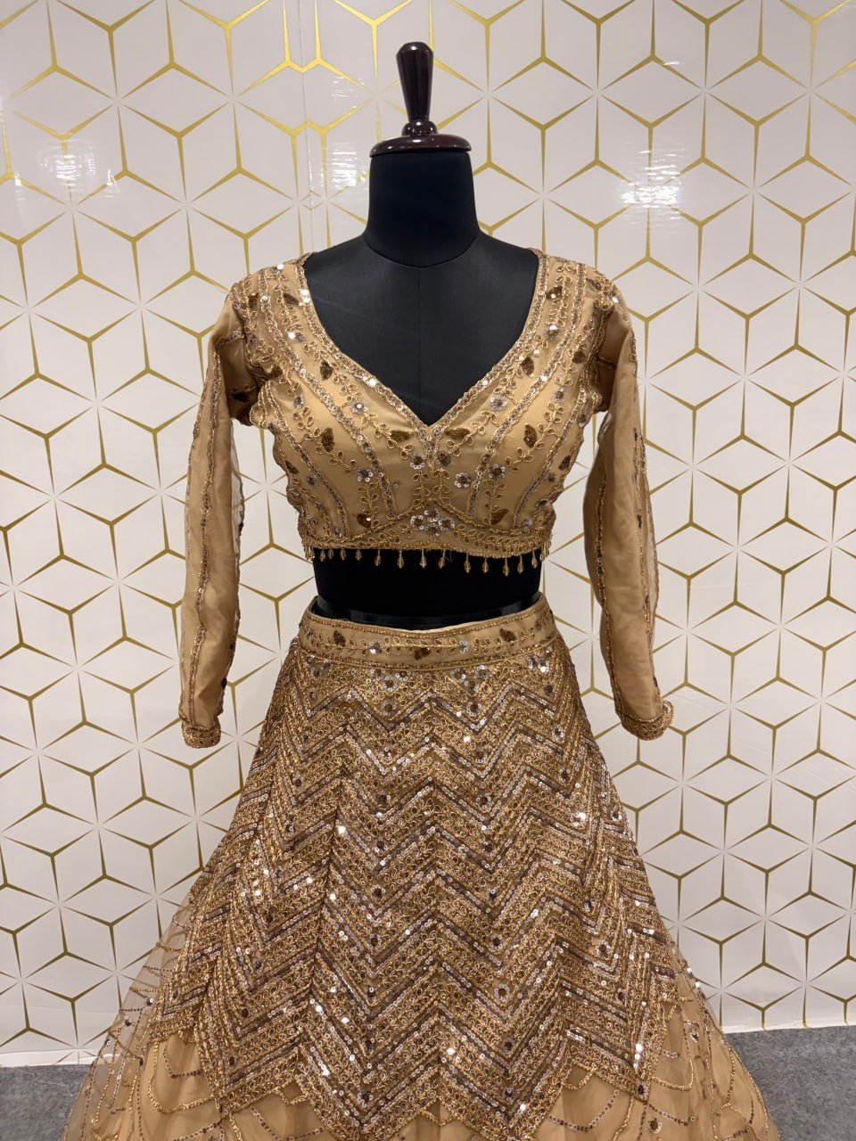 Glittering Geometric Sequin Work Flared Lehenga Set