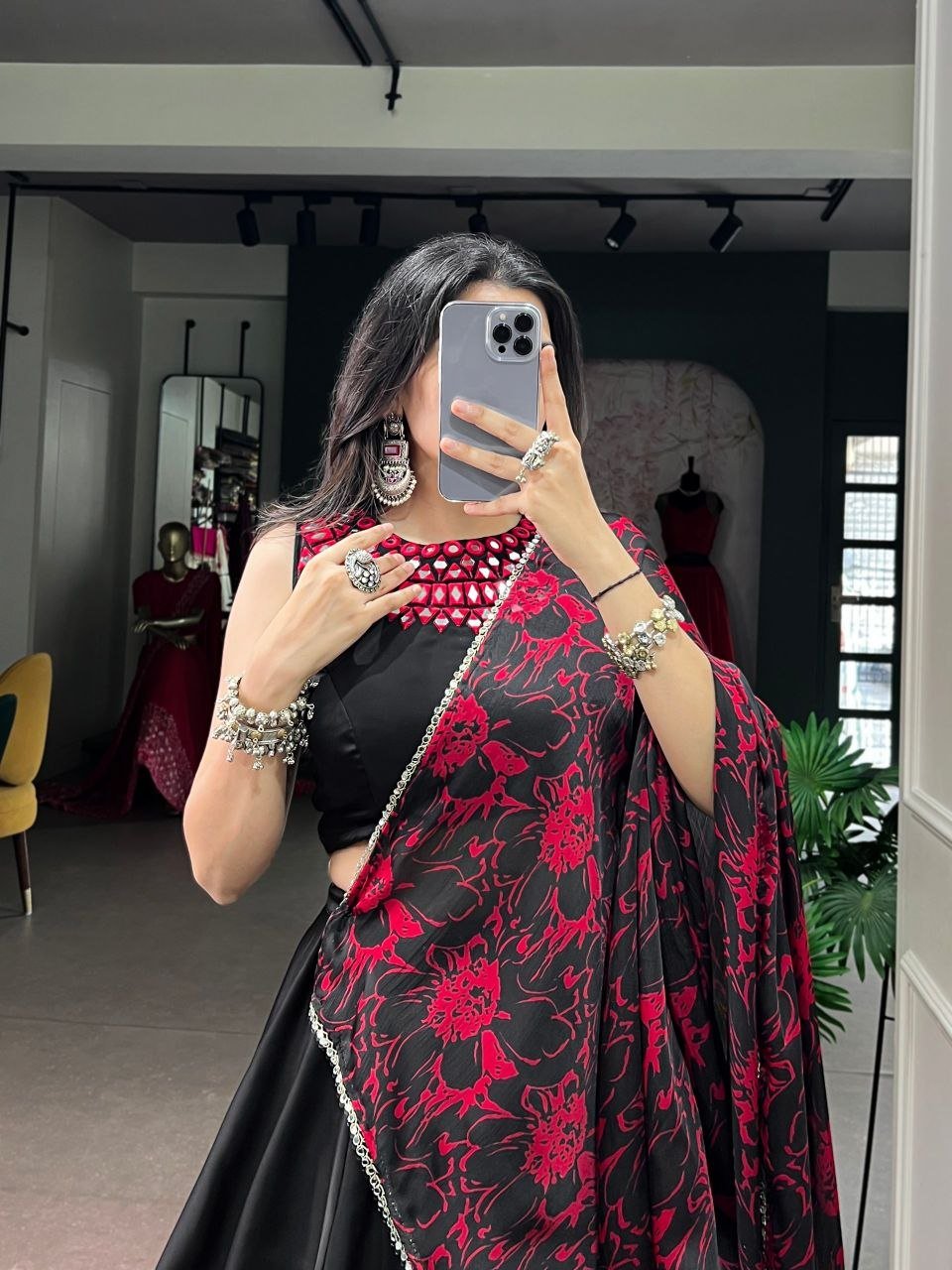Embellished Neckline Silk Flared Lehenga Set with Floral Printed Dupatta