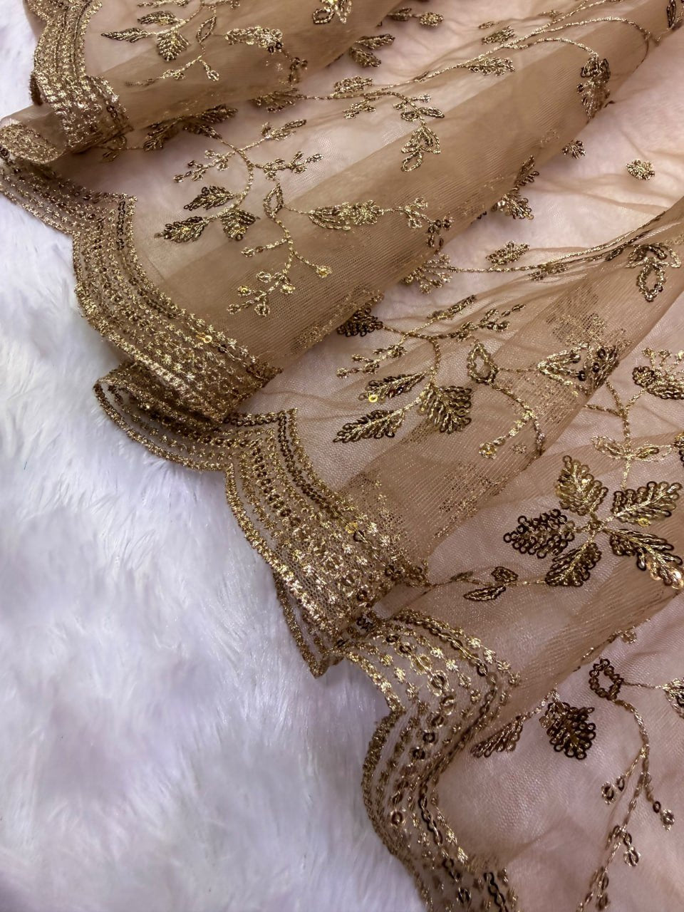 Opulent Floral Embroidered Net Saree with Scalloped Border and Matching Blouse