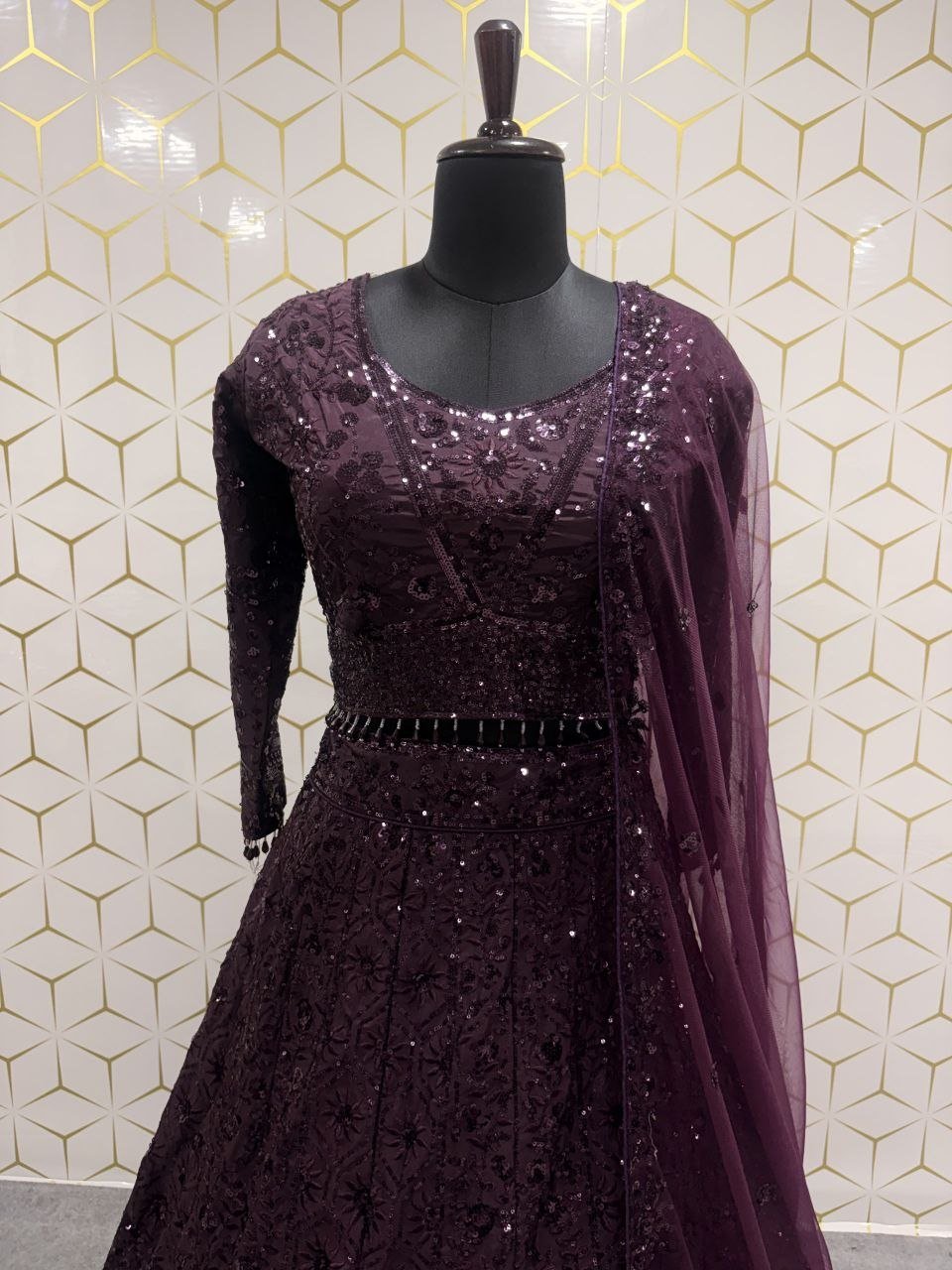 Thread Embroidered Georgette Lehenga Set with Tasseled Blouse