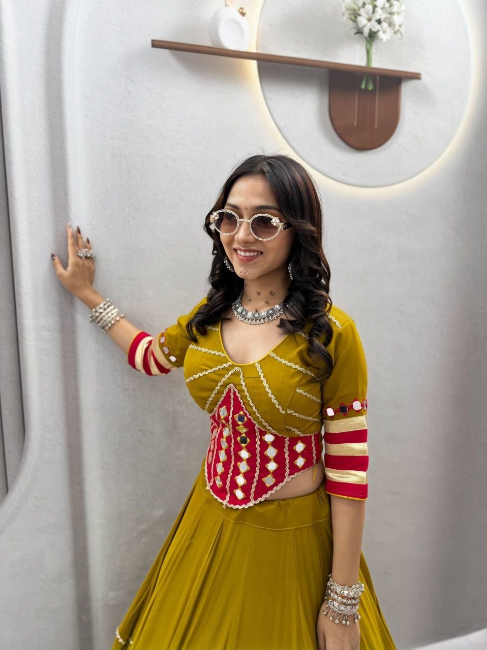 Mirror Work Patchwork Flare Flared Lehenga Choli with Embroidered Blouse