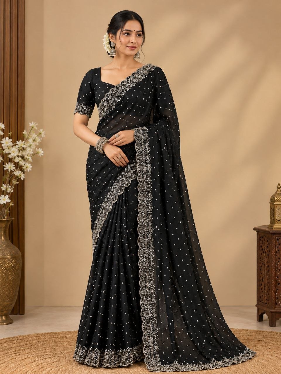 Midnight Radiance Embellished Draped Saree with Intricate Scalloped Border
