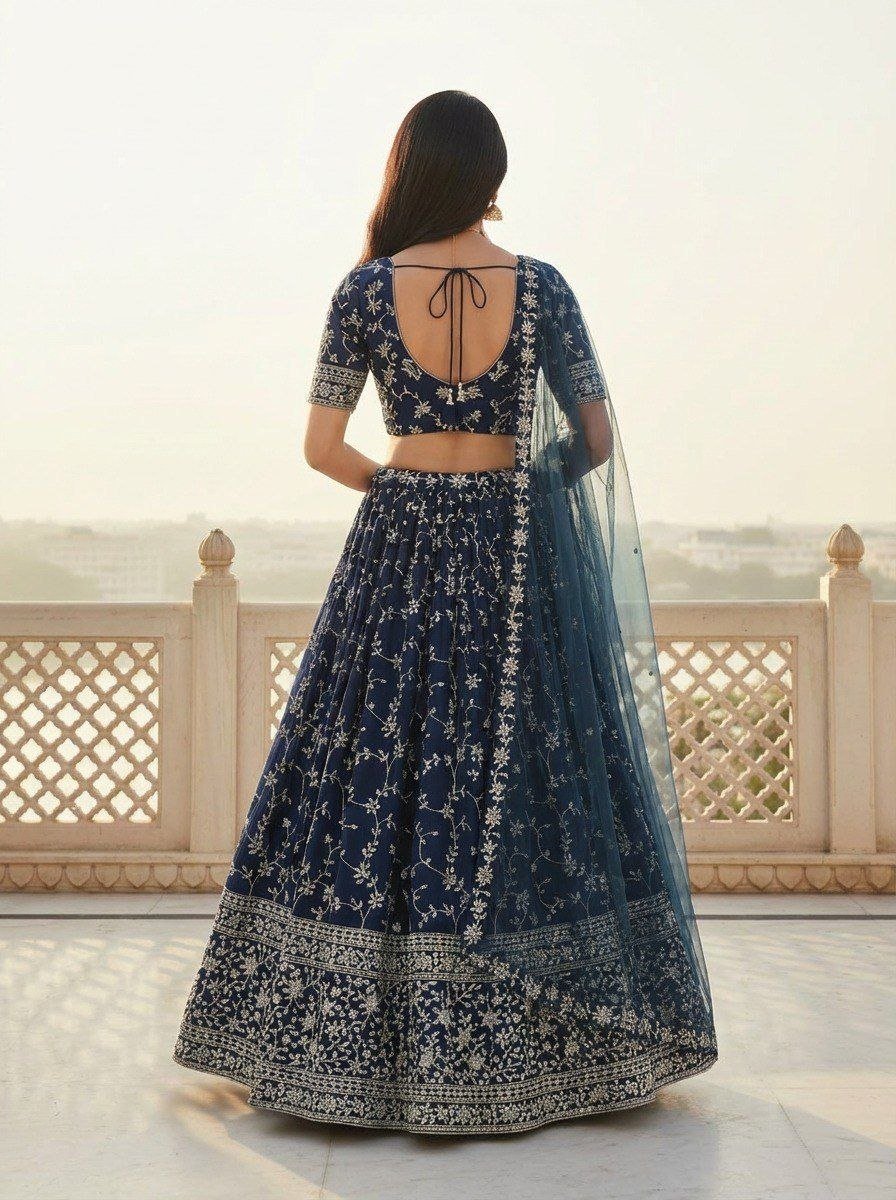 Floral Resham Embroidered Georgette Lehenga Set with Embroidered Border Dupatta - Surat Wholesale Ethnic Wear (Photo 4)