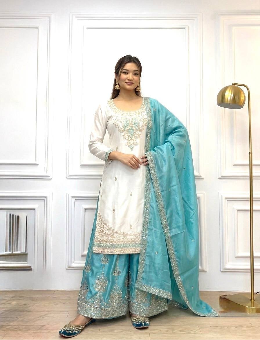 Intricate Embroidered Silk Straight Kurta and Palazzo Set with Heavy Dupatta