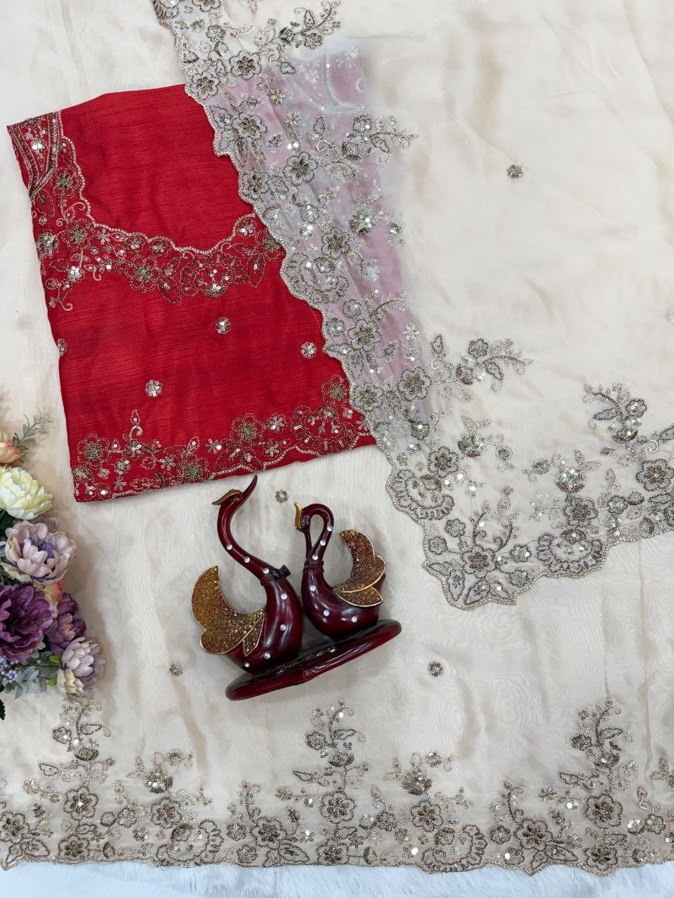 Royal Heritage Floral Embroidered Saree with Intricate Sequin Border and Designer Blouse