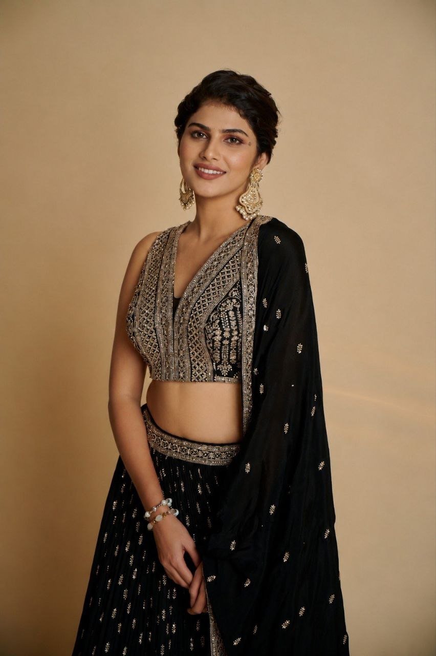 Zardosi Embroidered Velvet Lehenga Set with Attached Cape - Surat Wholesale Ethnic Wear (Photo 5)