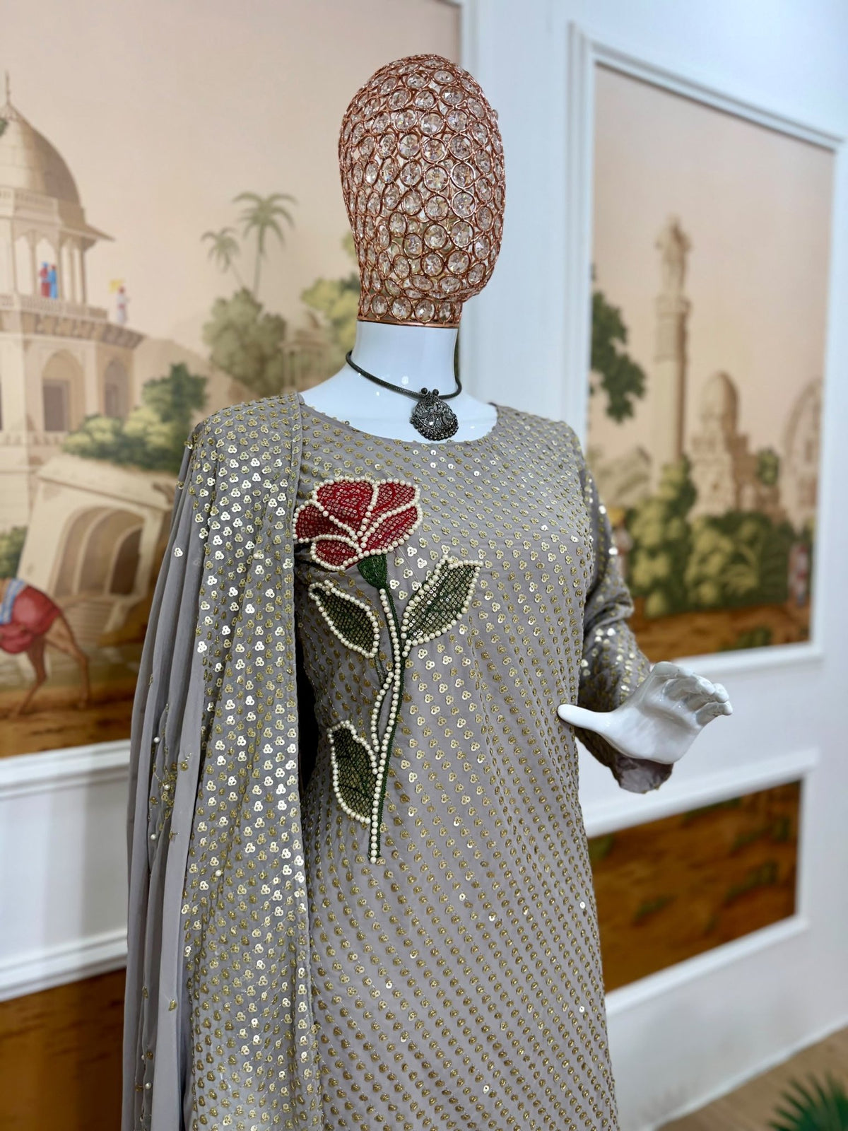 Royal Heritage Embroidered Anarkali Suit Ensemble With Intricate Floral Motifs and Shimmering Details