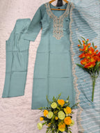 Intricate Embroidered Kurta Set with Scalloped Organza Dupatta