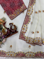 Cutwork Embroidered Organza Saree with Printed Blouse Exuding Subtle Grace