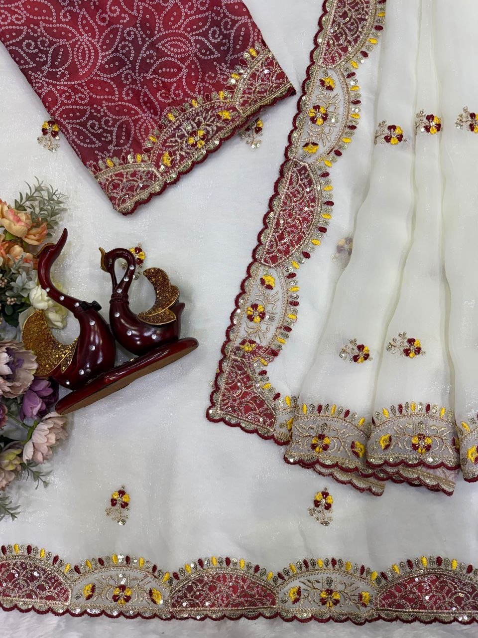 Cutwork Embroidered Organza Saree with Printed Blouse Exuding Subtle Grace
