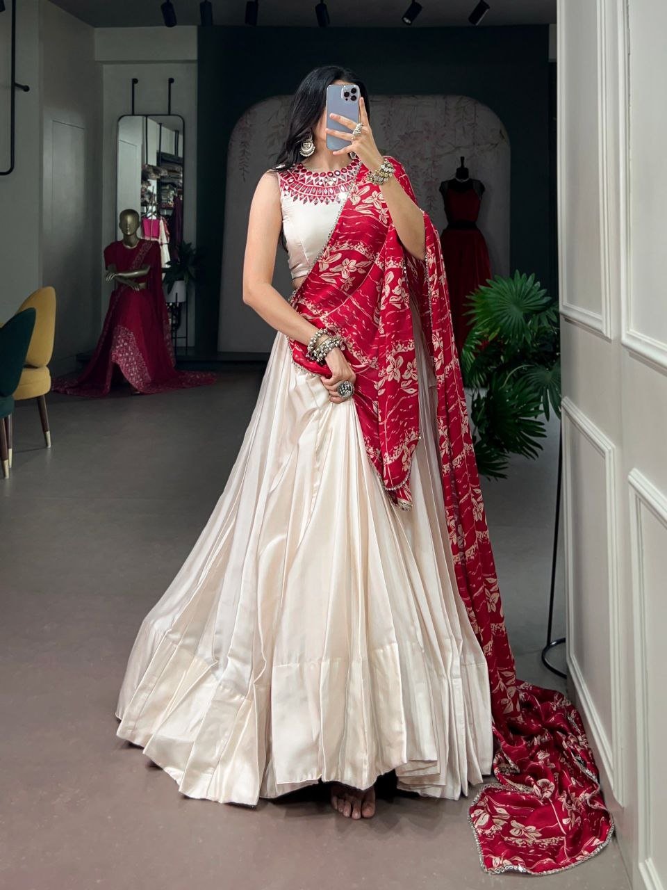 Embellished Neckline Silk Flared Lehenga Set with Floral Printed Dupatta - Surat Wholesale Ethnic Wear (Photo 5)