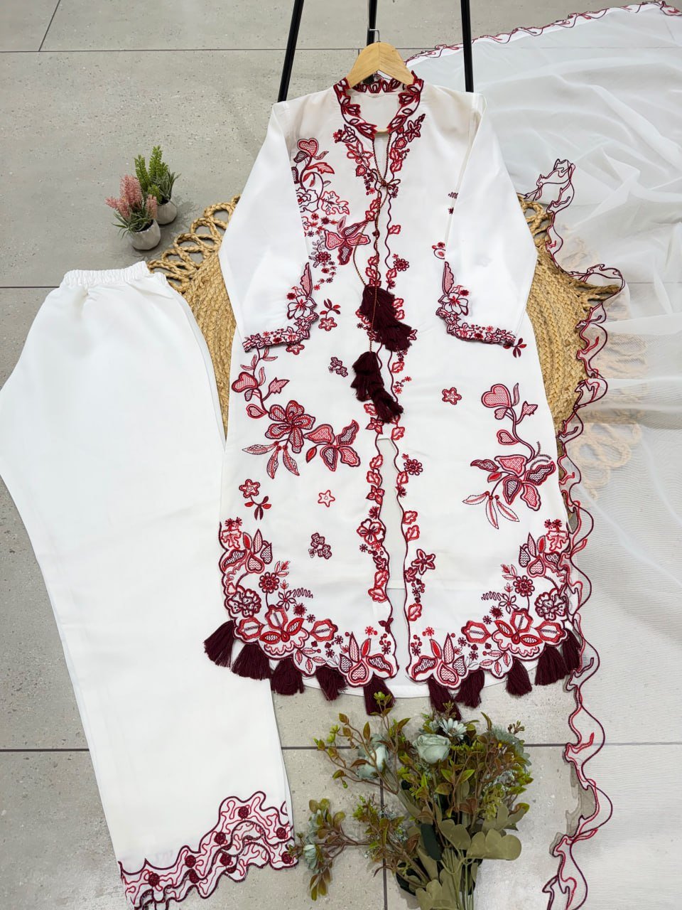 Contemporary Floral Embroidered Suit with Delicate Sheer Dupatta