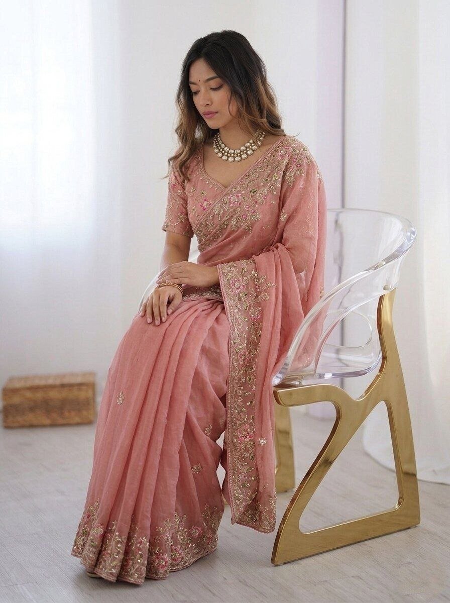 Exquisite Floral Embroidered Draped Saree with Regal Charm