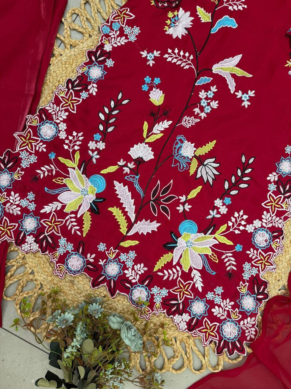 Embroidered Floral Straight Kurta Set with Chiffon Dupatta
