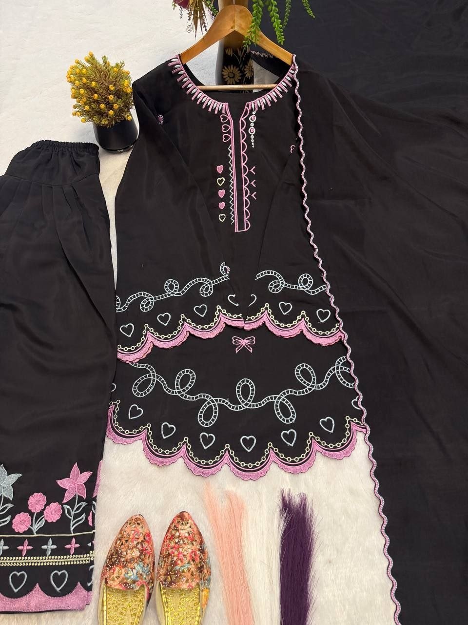 Playful Embroidered Short Kurta and Scalloped Palazzo Set
