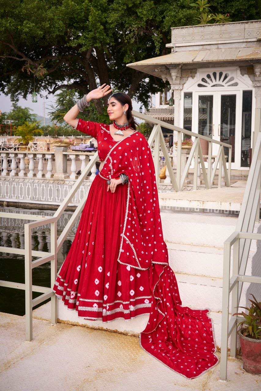 Traditional Bandhani Print Flared Lehenga Choli with Lace Border Dupatta