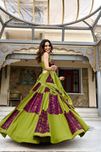 Printed Patchwork Flared Lehenga Choli Set With Pleated Hem