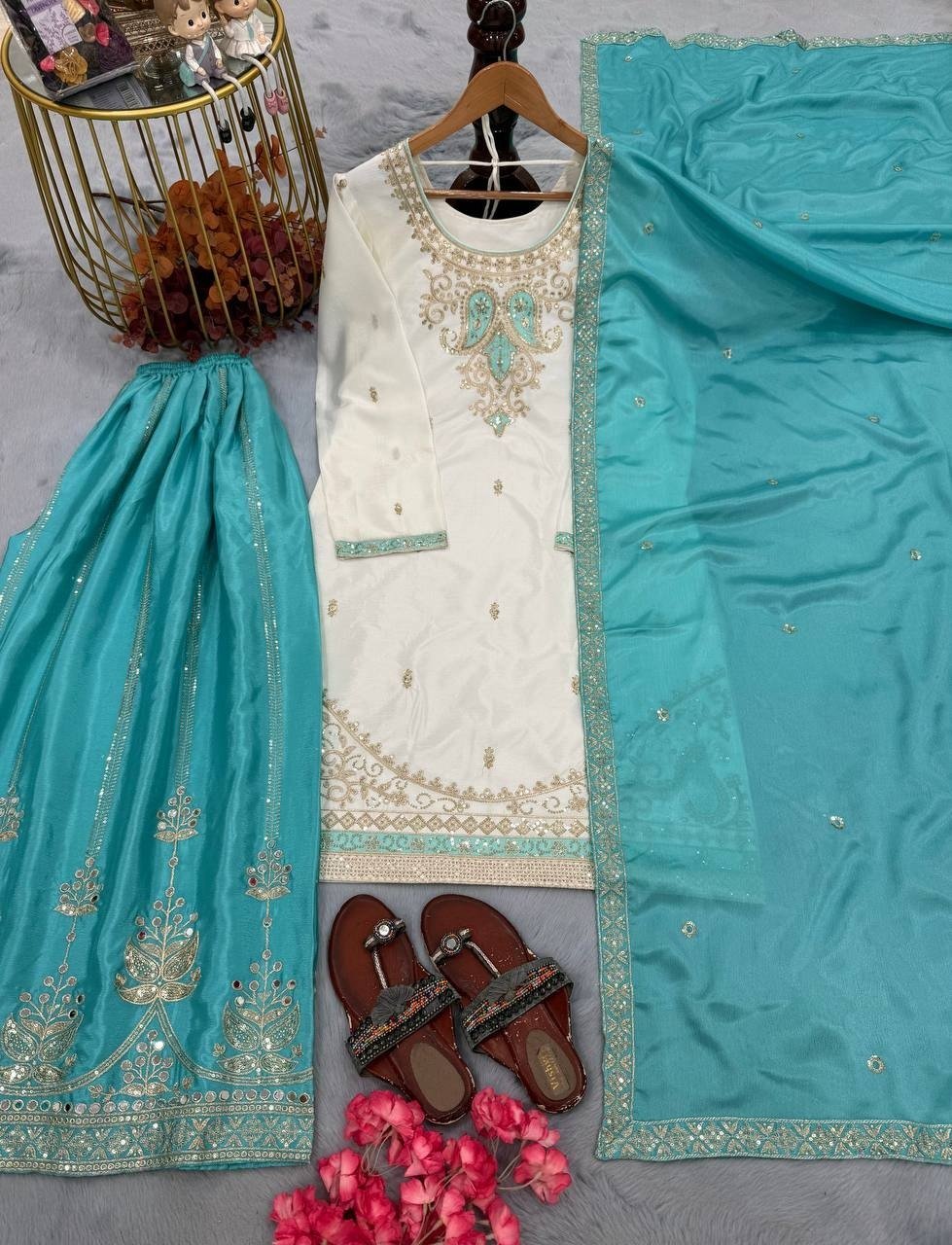 Intricate Embroidered Silk Straight Kurta and Palazzo Set with Heavy Dupatta