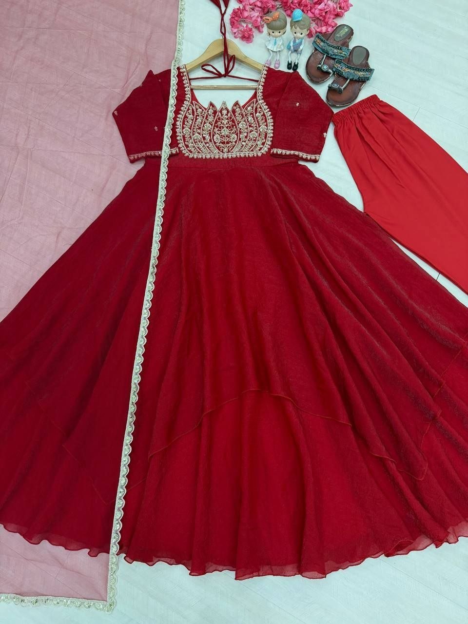 Cocktail Party Polish Layered Anarkali Gown with Embellished Neckline Dupatta - Surat Wholesale Ethnic Wear (Photo 5)