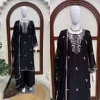 Midnight Radiance Embroidered Straight Kurta with Palazzo and Dupatta