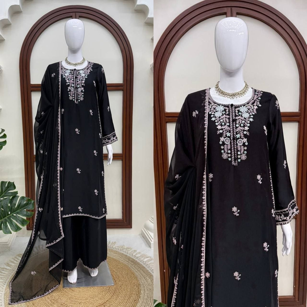 Midnight Radiance Embroidered Straight Kurta with Palazzo and Dupatta