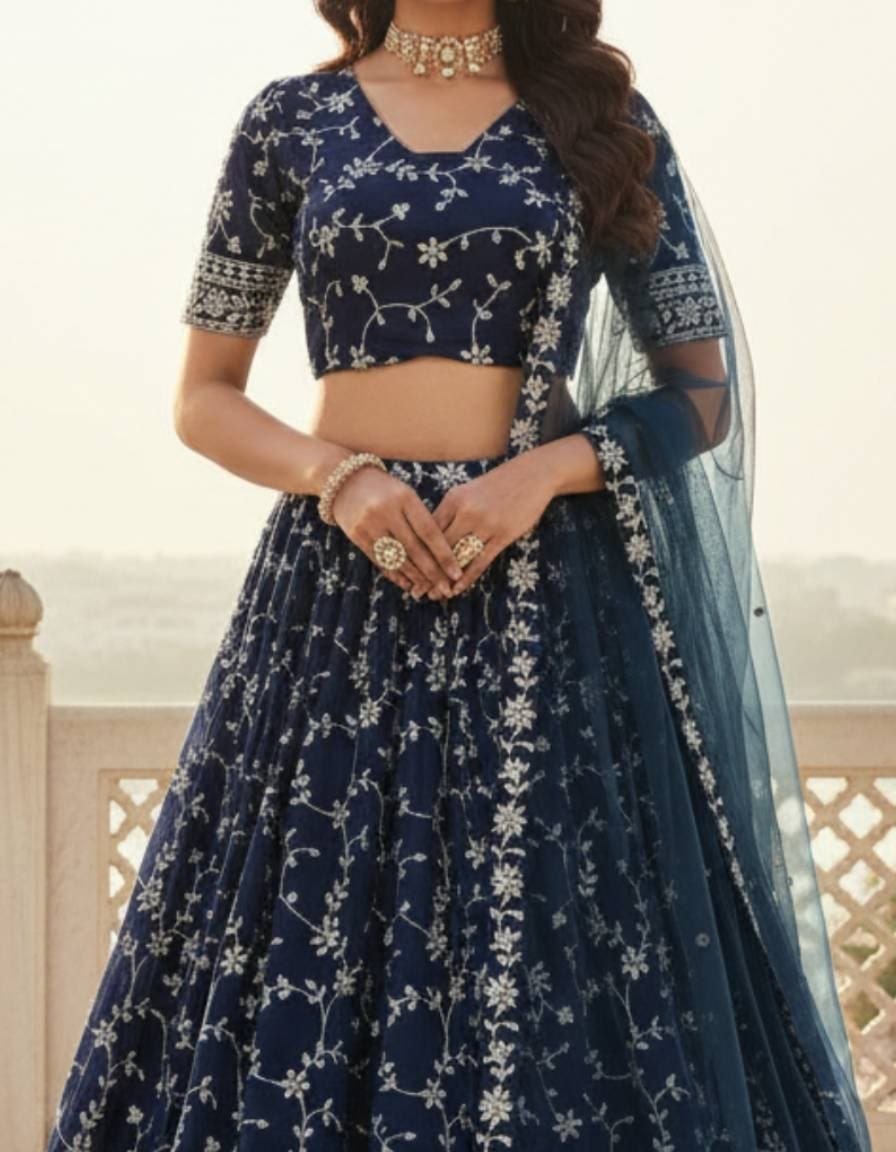 Floral Resham Embroidered Georgette Lehenga Set with Embroidered Border Dupatta - Surat Wholesale Ethnic Wear (Photo 5)