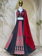 Ornate Printed Panel Flared Lehenga Choli with Mirror Work Border