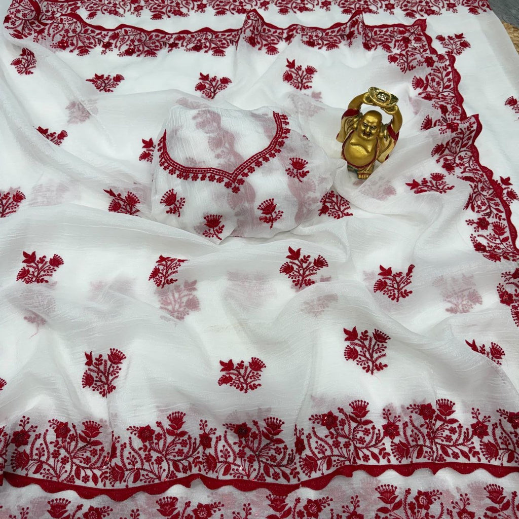 Festive Floral Embroidered Saree with Traditional Artisanal Detailing