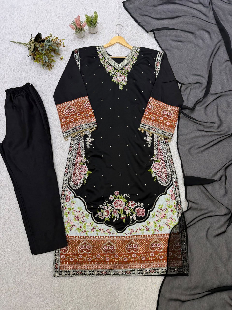 Embroidered Kaftan Kurta Set with Intricate Floral Borders and Shell Detail Cuffs