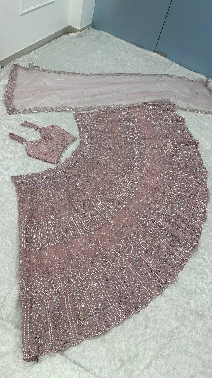 Sequined Thread Work Georgette Lehenga Set with Scalloped Net Dupatta