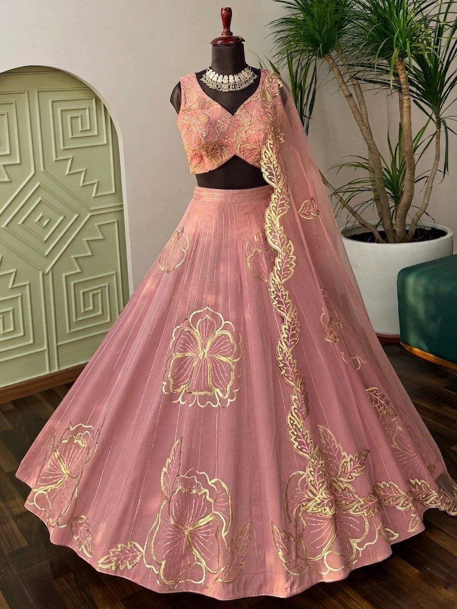 Gold Thread Embroidered Floral Lehenga Set with Scalloped Dupatta