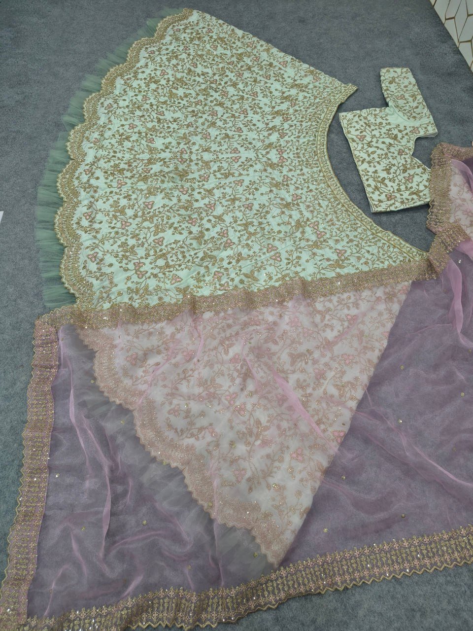 Delicate Floral Embroidered Lehenga Choli with Embroidered Cutwork Border Dupatta - Surat Wholesale Ethnic Wear (Photo 5)