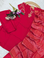 Embroidered Neckline Straight Kurta Set With Organza Dupatta