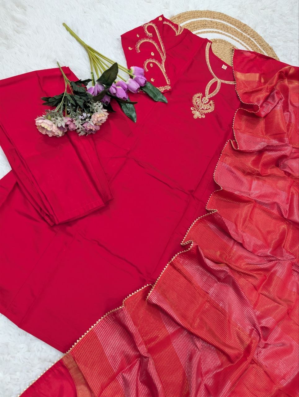 Embroidered Neckline Straight Kurta Set With Organza Dupatta