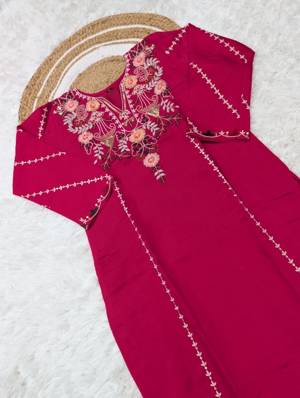 Subtle Grace Embroidered Straight Kurta Set with Tasseled Hem Dupatta