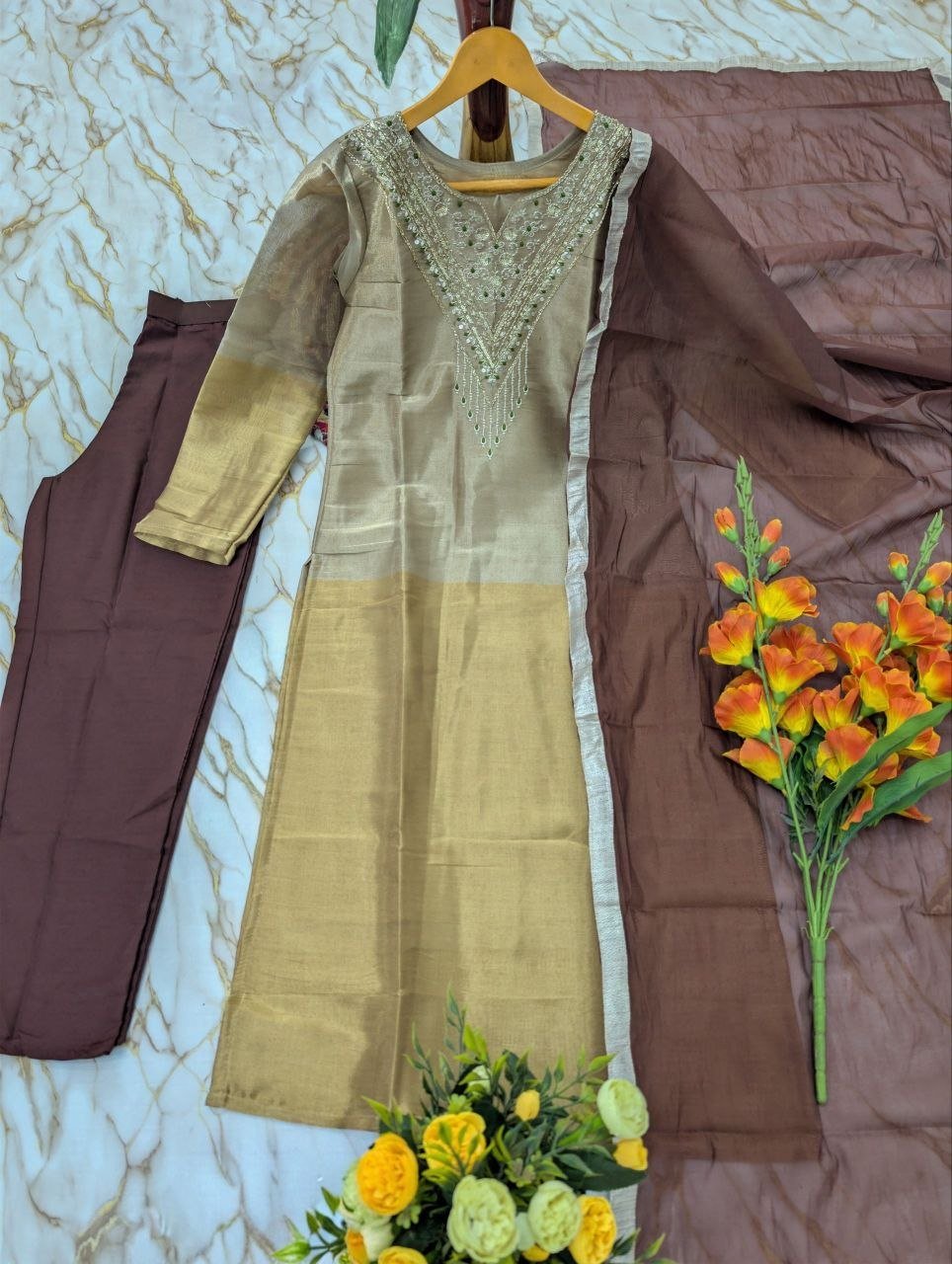 Embroidered Silk Straight Kurta Set With Embellished Dupatta