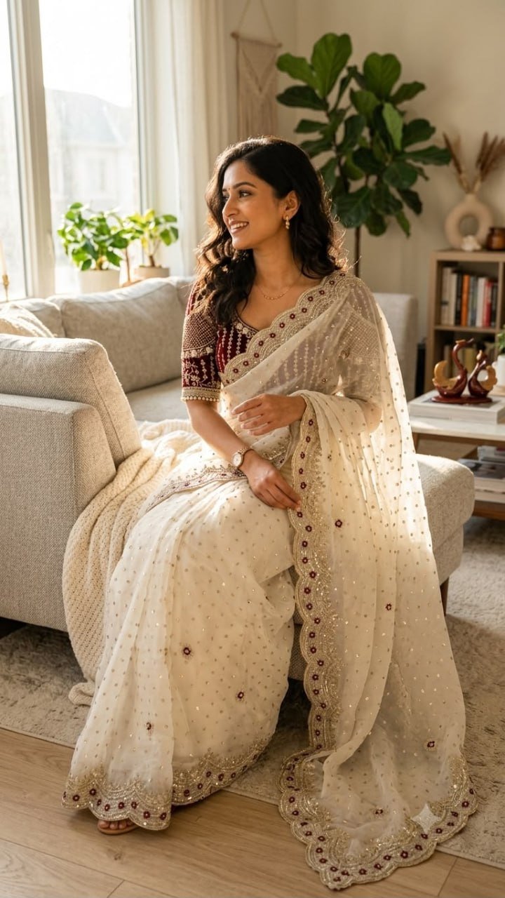 Dotted Drapes with Scalloped Zari Border and Statement Blouse