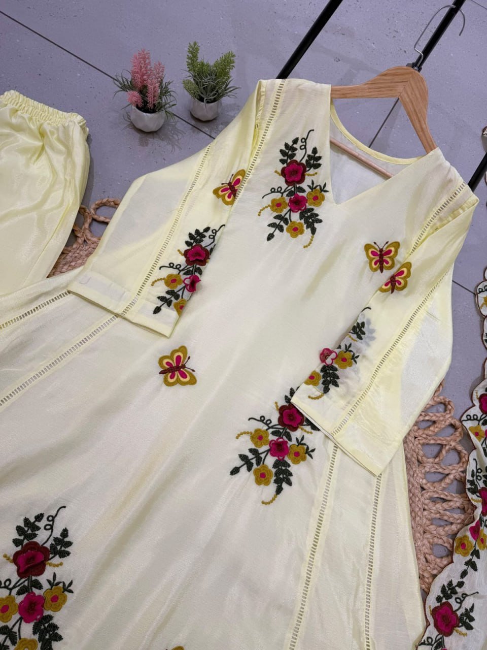 Garden Floral Romance Embroidered Anarkali Kurta with Dupatta Set