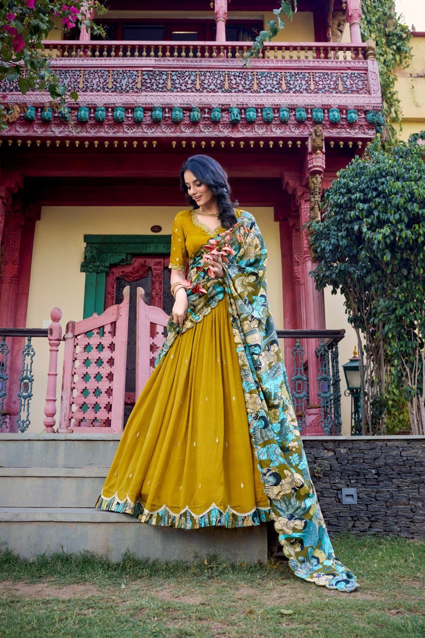 Traditional Kalamkari Print Border Silk Lehenga Set with Dupatta - Surat Wholesale Ethnic Wear (Photo 5)