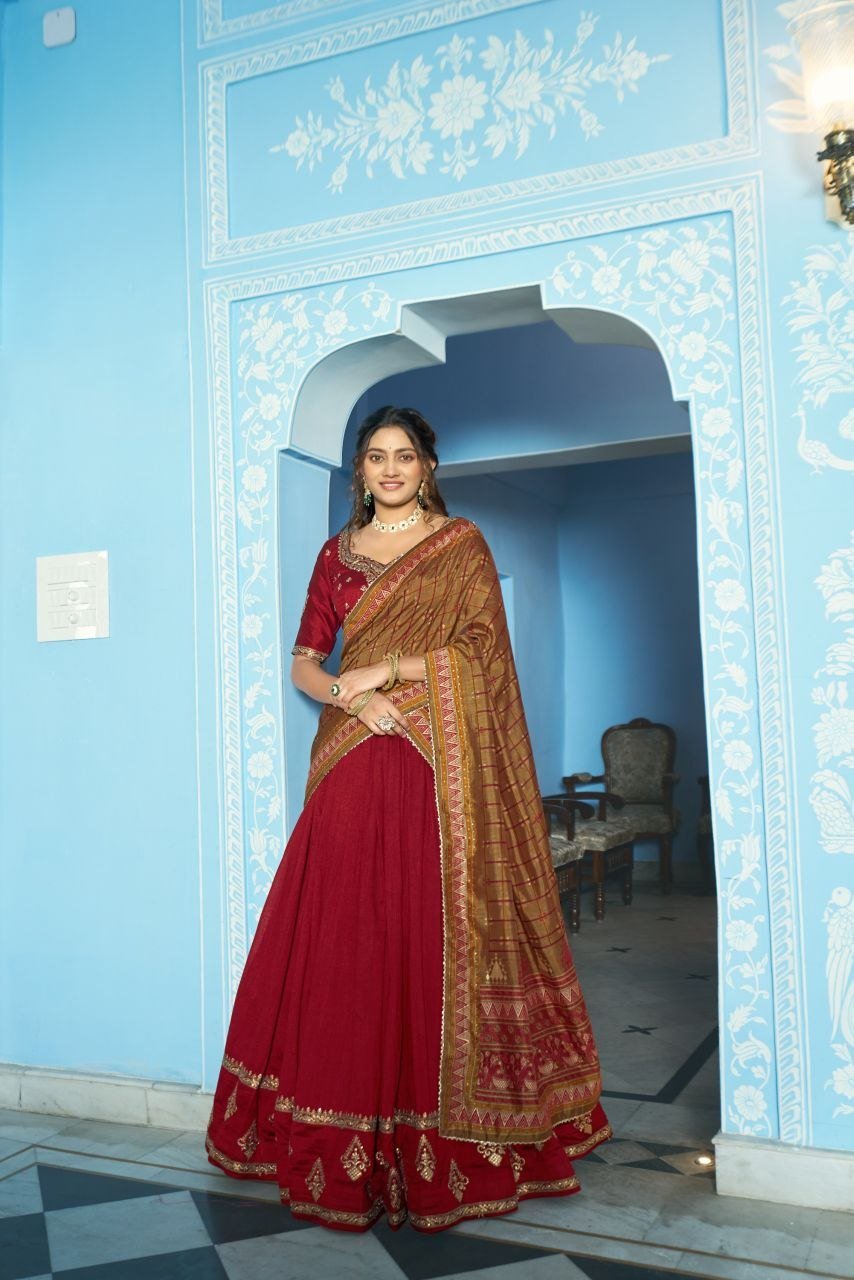 Embroidered Flared Silk Lehenga Set with Printed Dupatta - Surat Wholesale Ethnic Wear (Photo 5)