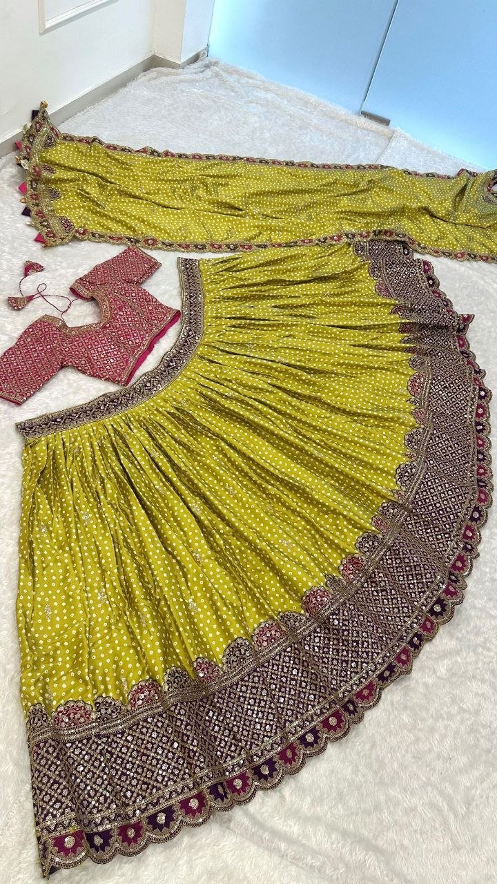 Bandhani Print Silk Lehenga Set with Embroidered Scallop Dupatta